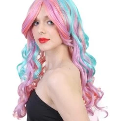 HPO Womens Fantasy Wig | Pink Sky Blue Long Curly Party Every Ready Wig | Premium Breathable Capless Cap Men's