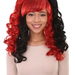 HPO Black And Red Jester Womens Wig | Long Curly Cosplay Halloween Wig | Premium Breathable Capless Cap Women's