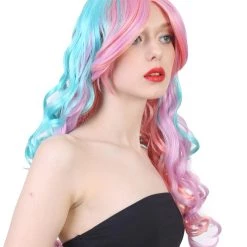 HPO Womens Fantasy Wig | Pink Sky Blue Long Curly Party Every Ready Wig | Premium Breathable Capless Cap Men's
