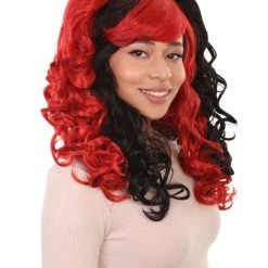 HPO Black And Red Jester Womens Wig | Long Curly Cosplay Halloween Wig | Premium Breathable Capless Cap Women's
