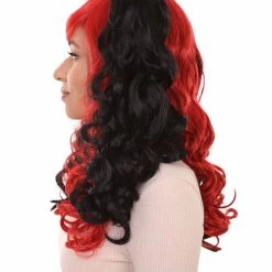 HPO Black And Red Jester Womens Wig | Long Curly Cosplay Halloween Wig | Premium Breathable Capless Cap Women's