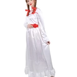 HPO Women's Evil Annabella Doll | White Long Maxi Dress In Satin-Feel | Premium Horror Halloween Costume