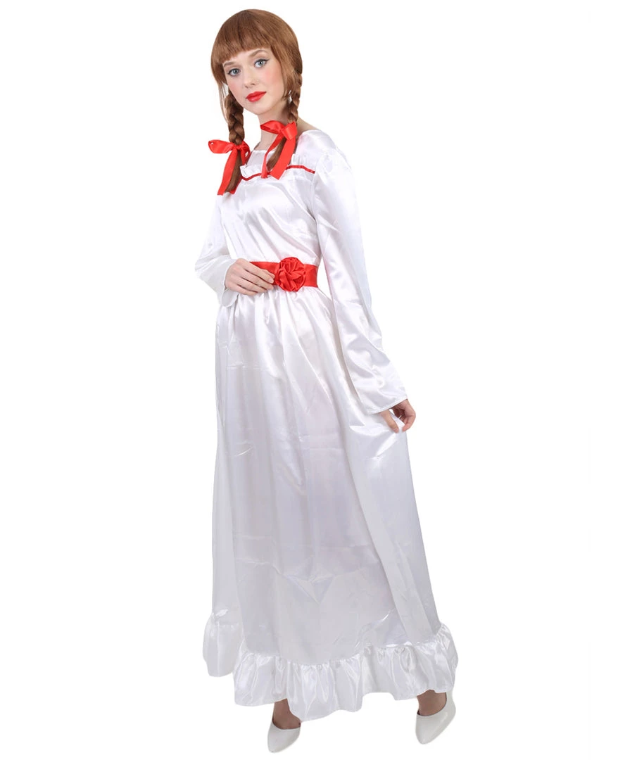 HPO Women's Evil Annabella Doll | White Long Maxi Dress In Satin-Feel | Premium Horror Halloween Costume 1 HPO Women's Evil Annabella Doll | White Long Maxi Dress In Satin-Feel | Premium Horror Halloween Costume