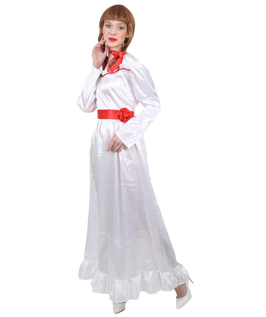 HPO Women's Evil Annabella Doll | White Long Maxi Dress In Satin-Feel | Premium Horror Halloween Costume 3 HPO Women's Evil Annabella Doll | White Long Maxi Dress In Satin-Feel | Premium Horror Halloween Costume