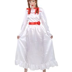 HPO Women's Evil Annabella Doll | White Long Maxi Dress In Satin-Feel | Premium Horror Halloween Costume