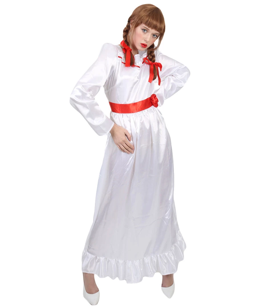 HPO Women's Evil Annabella Doll | White Long Maxi Dress In Satin-Feel | Premium Horror Halloween Costume 5 HPO Women's Evil Annabella Doll | White Long Maxi Dress In Satin-Feel | Premium Horror Halloween Costume
