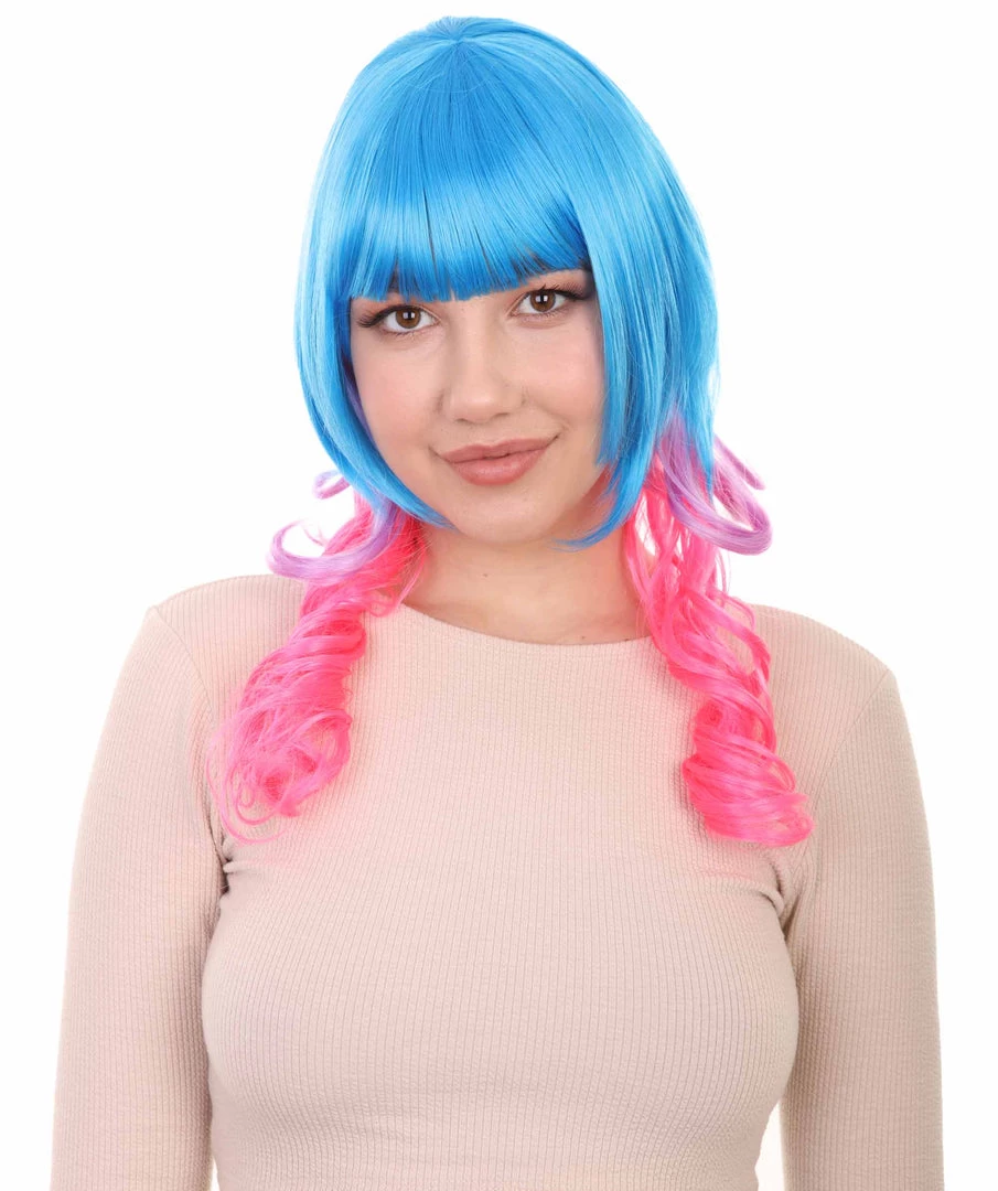 HPO Women's Long Curly Party Blue & Pink Womens Wig | Stage Event Party Ready Colorful Wig | Premium Breathable Capless Cap 1 HPO Women's Long Curly Party Blue & Pink Womens Wig | Stage Event Party Ready Colorful Wig | Premium Breathable Capless Cap