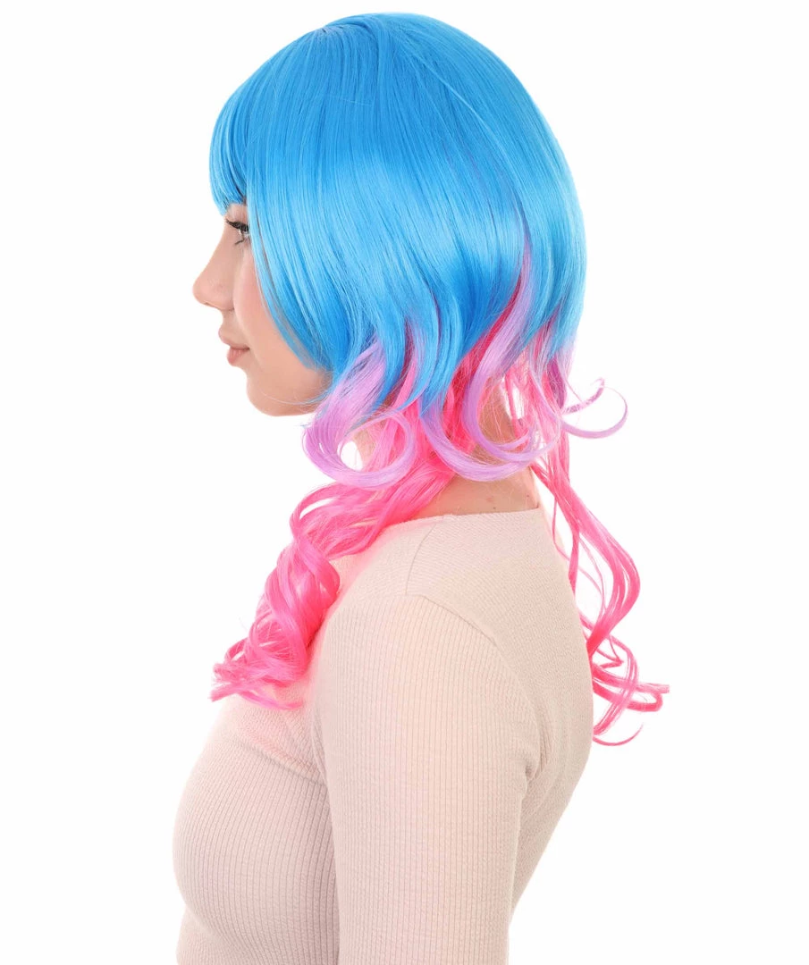 HPO Women's Long Curly Party Blue & Pink Womens Wig | Stage Event Party Ready Colorful Wig | Premium Breathable Capless Cap 3 HPO Women's Long Curly Party Blue & Pink Womens Wig | Stage Event Party Ready Colorful Wig | Premium Breathable Capless Cap