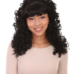 HPO Women's Womens 18th Century Colonial Lady Curly Black Historical Wig | Premium Breathable Capless Cap