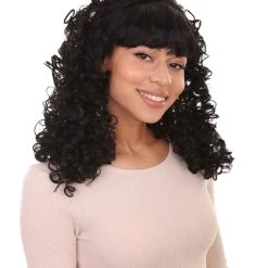 HPO Women's Womens 18th Century Colonial Lady Curly Black Historical Wig | Premium Breathable Capless Cap