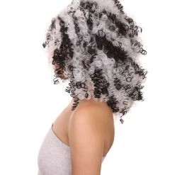 HPO Witch Two-tone Afro Womens Wig | Curly Horror Black And White Jumbo Wig | Premium Breathable Capless Cap