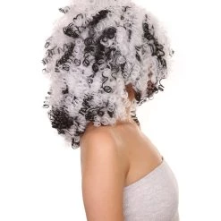 HPO Witch Two-tone Afro Womens Wig | Curly Horror Black And White Jumbo Wig | Premium Breathable Capless Cap
