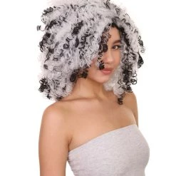 HPO Witch Two-tone Afro Womens Wig | Curly Horror Black And White Jumbo Wig | Premium Breathable Capless Cap