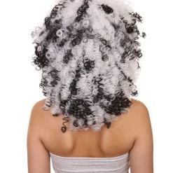 HPO Witch Two-tone Afro Womens Wig | Curly Horror Black And White Jumbo Wig | Premium Breathable Capless Cap