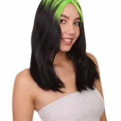 HPO Billie Pop Mullet | Black Wig With Neon Green Roots And Choppy Bangs | Premium Halloween Wig Women's