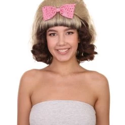 Adult Women's 15" Inch Medium Length Halloween Cosplay Flirting With The 50's Bouffant Updo Costume Wig, Synthetic Soft Fiber Hair With Pink Bow, | HPO