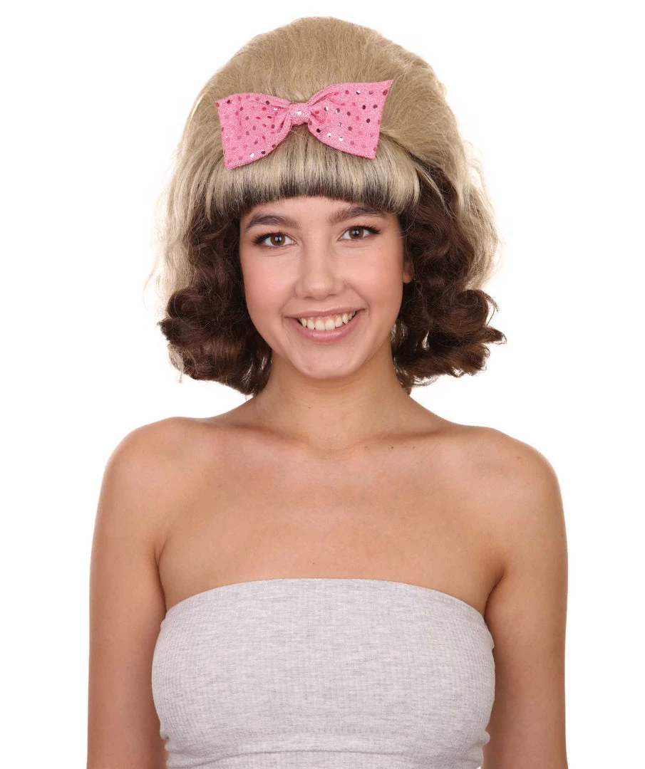 Adult Women's 15" Inch Medium Length Halloween Cosplay Flirting With The 50's Bouffant Updo Costume Wig, Synthetic Soft Fiber Hair With Pink Bow, | HPO 1 Adult Women's 15" Inch Medium Length Halloween Cosplay Flirting With The 50's Bouffant Updo Costume Wig, Synthetic Soft Fiber Hair With Pink Bow, | HPO