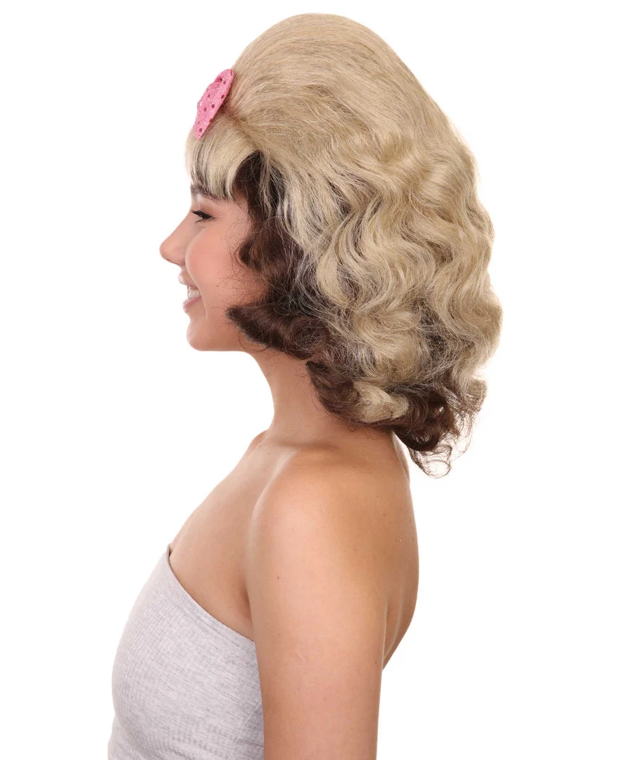 Adult Women's 15" Inch Medium Length Halloween Cosplay Flirting With The 50's Bouffant Updo Costume Wig, Synthetic Soft Fiber Hair With Pink Bow, | HPO 3 Adult Women's 15" Inch Medium Length Halloween Cosplay Flirting With The 50's Bouffant Updo Costume Wig, Synthetic Soft Fiber Hair With Pink Bow, | HPO