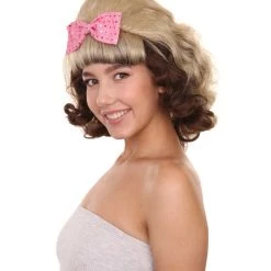 Adult Women's 15" Inch Medium Length Halloween Cosplay Flirting With The 50's Bouffant Updo Costume Wig, Synthetic Soft Fiber Hair With Pink Bow, | HPO