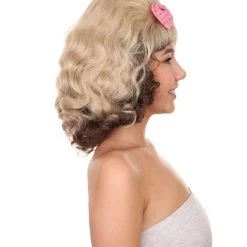 Adult Women's 15" Inch Medium Length Halloween Cosplay Flirting With The 50's Bouffant Updo Costume Wig, Synthetic Soft Fiber Hair With Pink Bow, | HPO 13 Adult Women's 15