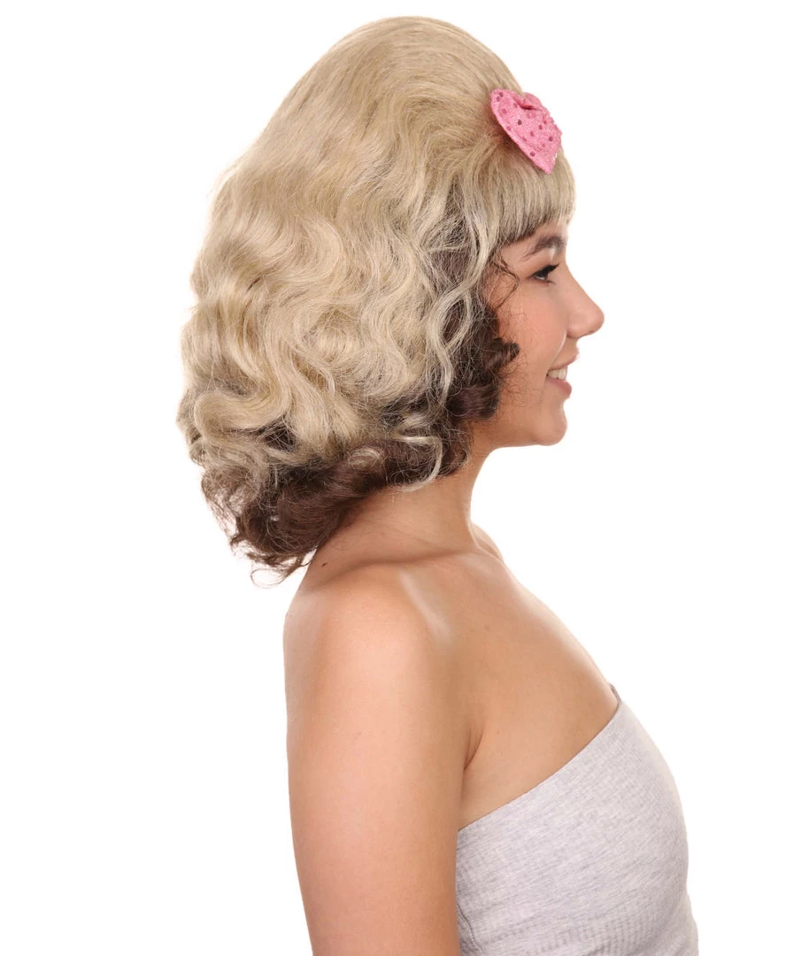 Adult Women's 15" Inch Medium Length Halloween Cosplay Flirting With The 50's Bouffant Updo Costume Wig, Synthetic Soft Fiber Hair With Pink Bow, | HPO 5 Adult Women's 15" Inch Medium Length Halloween Cosplay Flirting With The 50's Bouffant Updo Costume Wig, Synthetic Soft Fiber Hair With Pink Bow, | HPO