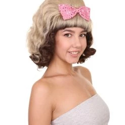 Adult Women's 15" Inch Medium Length Halloween Cosplay Flirting With The 50's Bouffant Updo Costume Wig, Synthetic Soft Fiber Hair With Pink Bow, | HPO 14 Adult Women's 15