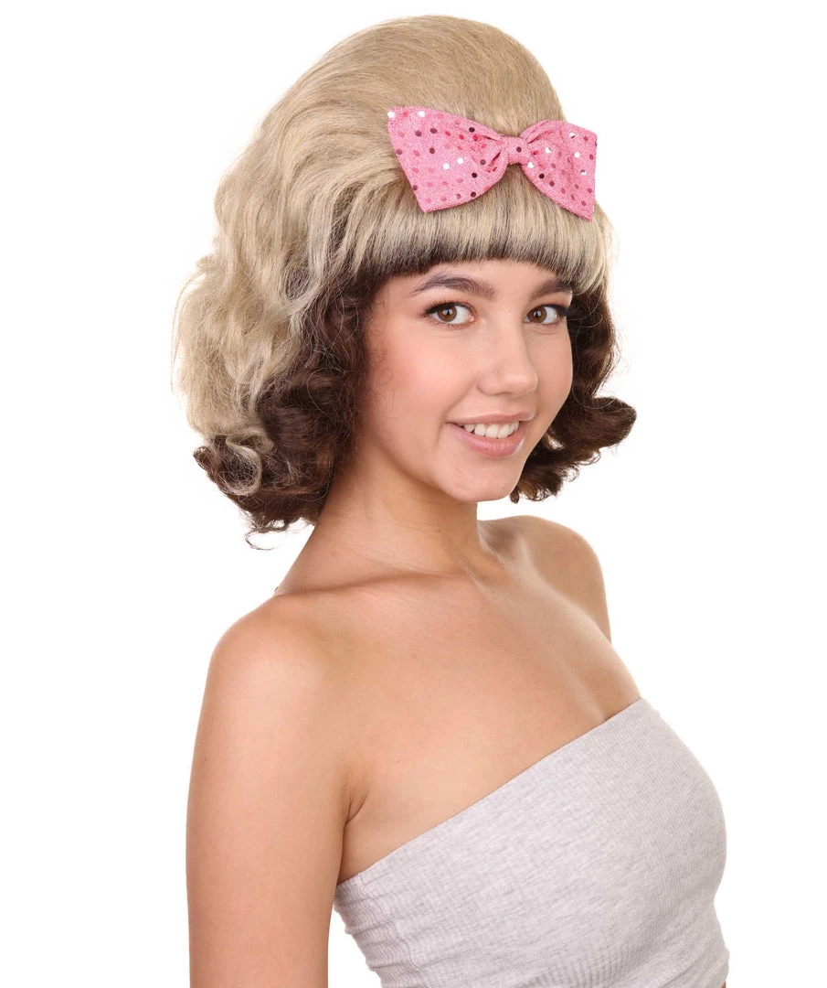 Adult Women's 15" Inch Medium Length Halloween Cosplay Flirting With The 50's Bouffant Updo Costume Wig, Synthetic Soft Fiber Hair With Pink Bow, | HPO 6 Adult Women's 15" Inch Medium Length Halloween Cosplay Flirting With The 50's Bouffant Updo Costume Wig, Synthetic Soft Fiber Hair With Pink Bow, | HPO