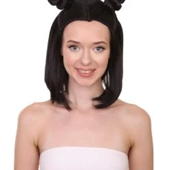 HPO Shoulder Length Double Bun Black Hair Women's Wig - Capless Cap Design