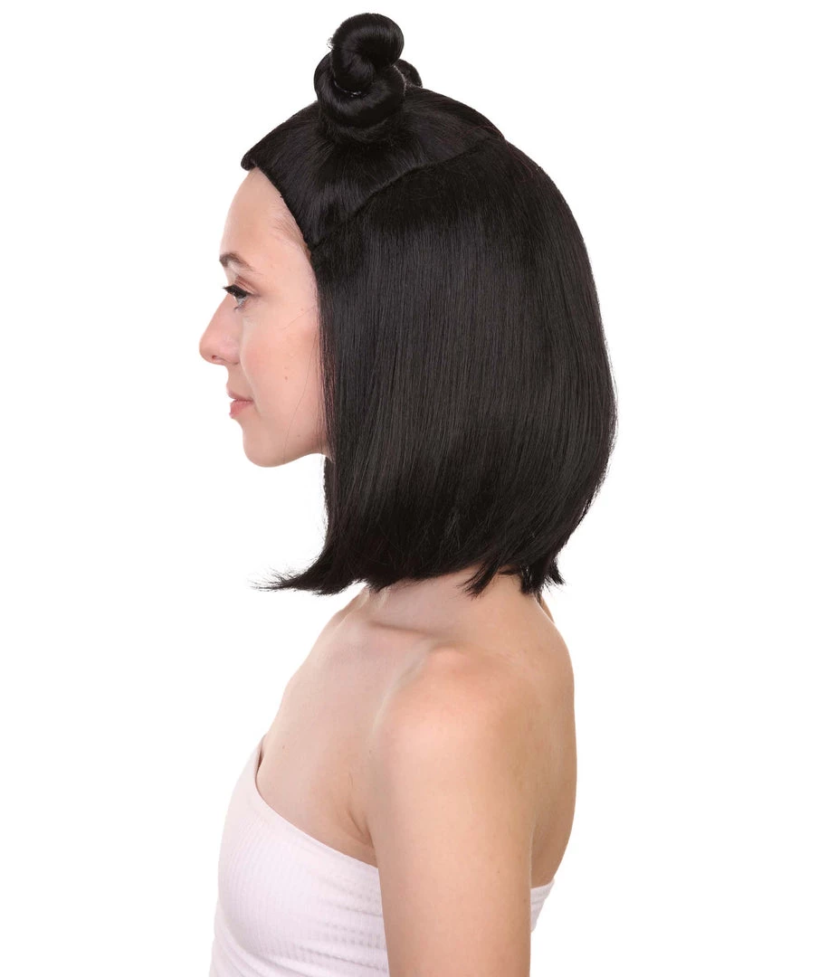 HPO Shoulder Length Double Bun Black Hair Women's Wig - Capless Cap Design 3 HPO Shoulder Length Double Bun Black Hair Women's Wig - Capless Cap Design
