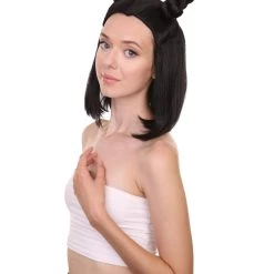 HPO Shoulder Length Double Bun Black Hair Women's Wig - Capless Cap Design