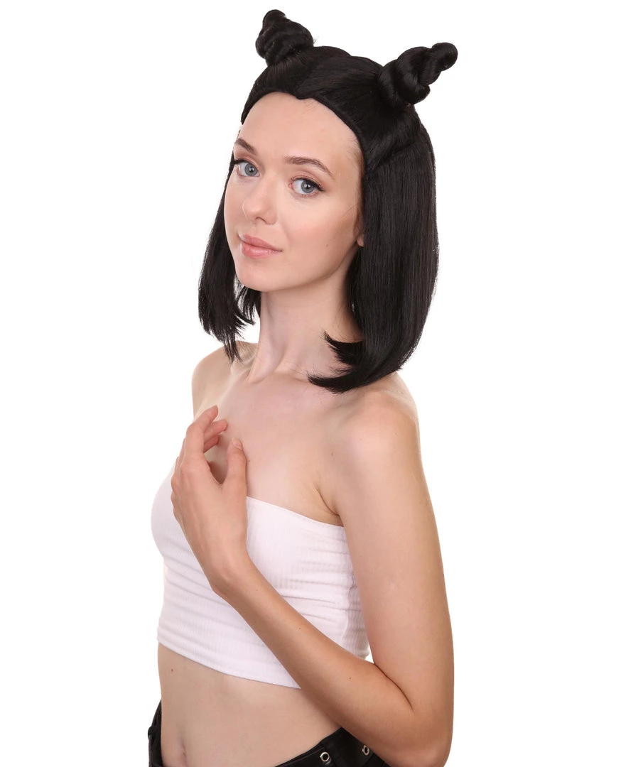 HPO Shoulder Length Double Bun Black Hair Women's Wig - Capless Cap Design 2 HPO Shoulder Length Double Bun Black Hair Women's Wig - Capless Cap Design