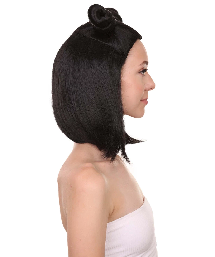 HPO Shoulder Length Double Bun Black Hair Women's Wig - Capless Cap Design 5 HPO Shoulder Length Double Bun Black Hair Women's Wig - Capless Cap Design