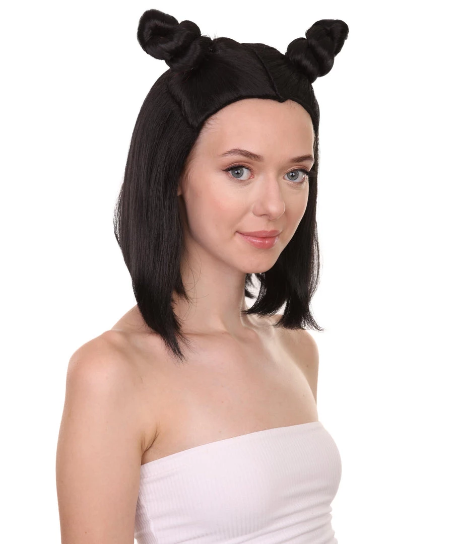 HPO Shoulder Length Double Bun Black Hair Women's Wig - Capless Cap Design 6 HPO Shoulder Length Double Bun Black Hair Women's Wig - Capless Cap Design