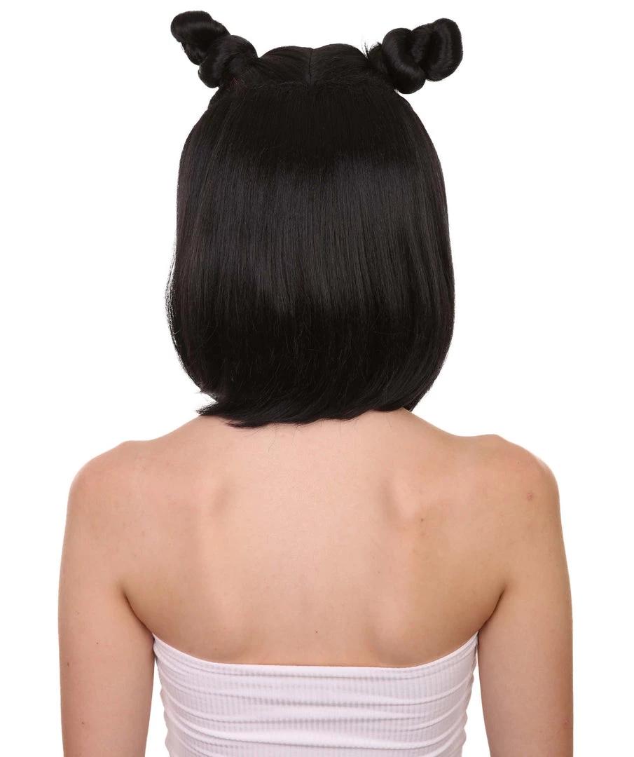 HPO Shoulder Length Double Bun Black Hair Women's Wig - Capless Cap Design 4 HPO Shoulder Length Double Bun Black Hair Women's Wig - Capless Cap Design
