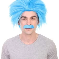 HPO Men's Blue Mad Scientist Wig & Mustache | Mens Cosplay Halloween Wig | Premium Breathable Capless Cap