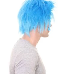 HPO Men's Blue Mad Scientist Wig & Mustache | Mens Cosplay Halloween Wig | Premium Breathable Capless Cap