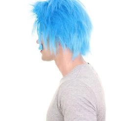 HPO Men's Blue Mad Scientist Wig & Mustache | Mens Cosplay Halloween Wig | Premium Breathable Capless Cap