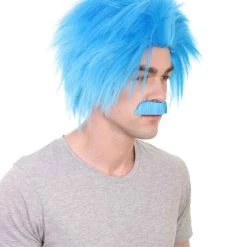 HPO Men's Blue Mad Scientist Wig & Mustache | Mens Cosplay Halloween Wig | Premium Breathable Capless Cap