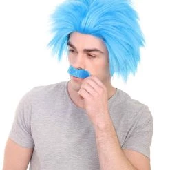 HPO Men's Blue Mad Scientist Wig & Mustache | Mens Cosplay Halloween Wig | Premium Breathable Capless Cap