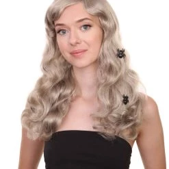 HPO Spider Web Wig | Women's Shoulder Length Witches Spider Web Wig - Long Wavy Grey Hair - With Scary Black Spiders