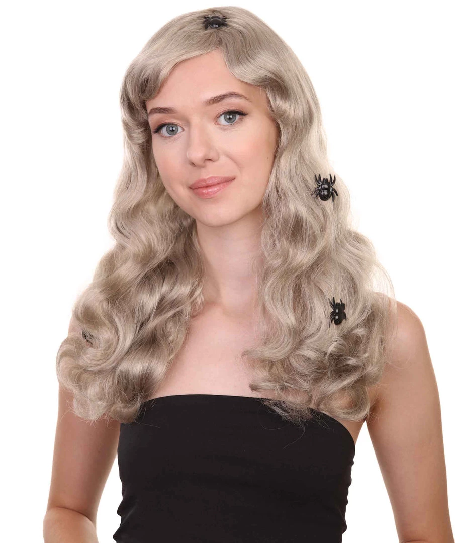 HPO Spider Web Wig | Women's Shoulder Length Witches Spider Web Wig - Long Wavy Grey Hair - With Scary Black Spiders 1 HPO Spider Web Wig | Women's Shoulder Length Witches Spider Web Wig - Long Wavy Grey Hair - With Scary Black Spiders