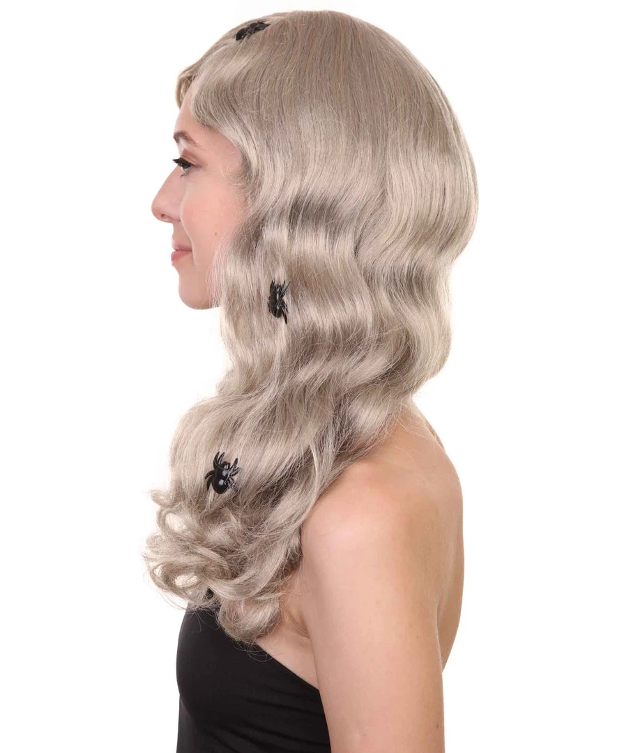 HPO Spider Web Wig | Women's Shoulder Length Witches Spider Web Wig - Long Wavy Grey Hair - With Scary Black Spiders 3 HPO Spider Web Wig | Women's Shoulder Length Witches Spider Web Wig - Long Wavy Grey Hair - With Scary Black Spiders