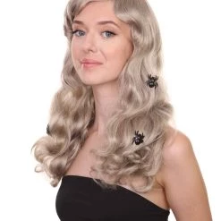HPO Spider Web Wig | Women's Shoulder Length Witches Spider Web Wig - Long Wavy Grey Hair - With Scary Black Spiders