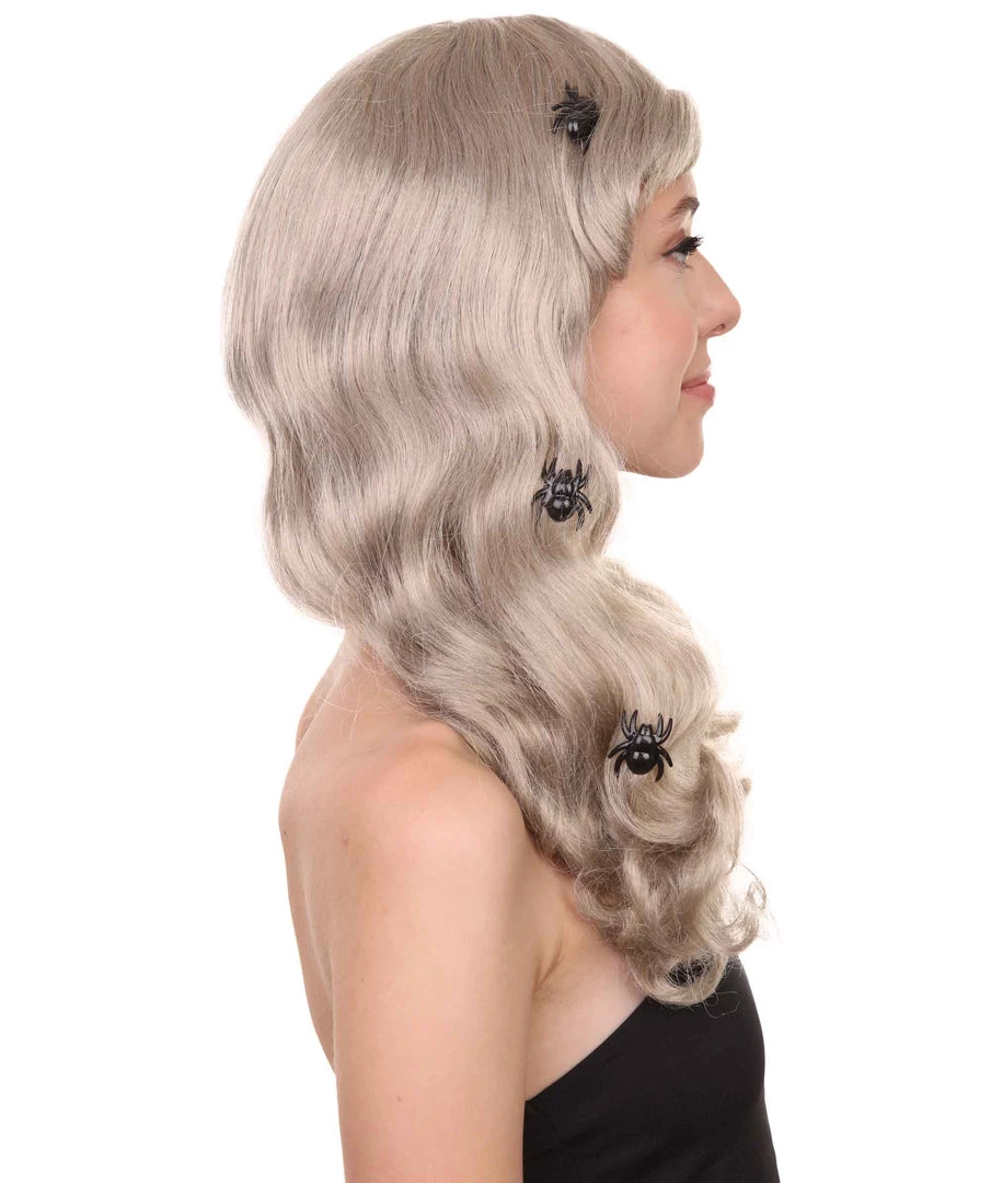 HPO Spider Web Wig | Women's Shoulder Length Witches Spider Web Wig - Long Wavy Grey Hair - With Scary Black Spiders 5 HPO Spider Web Wig | Women's Shoulder Length Witches Spider Web Wig - Long Wavy Grey Hair - With Scary Black Spiders