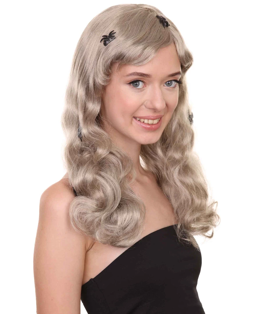 HPO Spider Web Wig | Women's Shoulder Length Witches Spider Web Wig - Long Wavy Grey Hair - With Scary Black Spiders 6 HPO Spider Web Wig | Women's Shoulder Length Witches Spider Web Wig - Long Wavy Grey Hair - With Scary Black Spiders