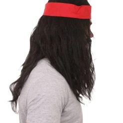 HPO Men's Long Black Mens Pirate Wig With Mustache & Chin Patch | Premium Breathable Capless Cap