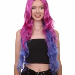 HPO Womens Fantasy Curly Wavy Wig | Purple & Blue TV/Movie Wigs | Premium Breathable Capless Cap