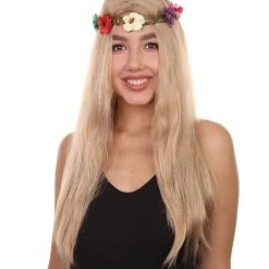 HPO Queen Of Cats | Blonde Hippy Wig With Flower Crown | Premium Halloween Wig
