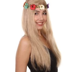 HPO Queen Of Cats | Blonde Hippy Wig With Flower Crown | Premium Halloween Wig