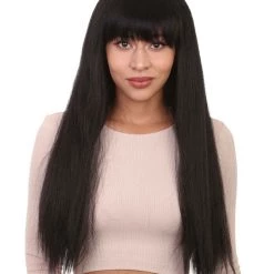 HPO Long Straight Cosplay Black Womens Wig | Horror Ghostly Halloween Wig | Premium Breathable Capless Cap Women's